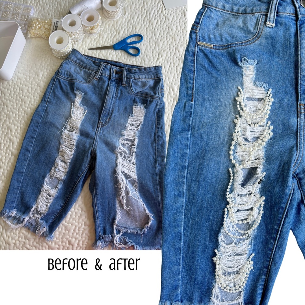 Upcycled by Me: Pearl Dazzled Blue Distressed Denim Stretch Shorts size 9 - Picture 4 of 10
